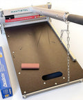Pro Grade Floor Cutter For Laminate And Vinyl With Quick Install Kit, displayed with cutting board, chain, and arm handle.