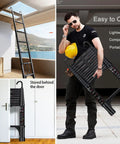 20 Ft Telescoping Ladder Made Of Heavy Duty Aluminum With Detachable Hooks For Safe Indoor And Outdoor Use Space Saving Extension Ladder In Sleek Black Finish Built Like A Boss. Stored behind door, folded black aluminum telescoping ladder