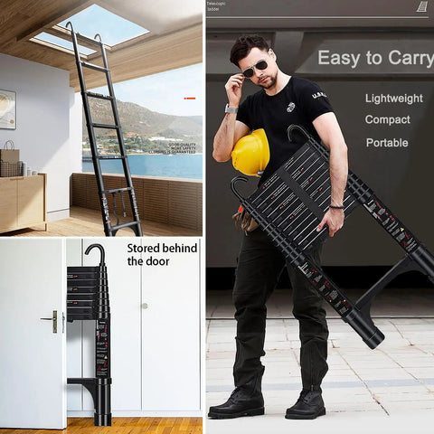 20 Ft Telescoping Ladder Made Of Heavy Duty Aluminum With Detachable Hooks For Safe Indoor And Outdoor Use Space Saving Extension Ladder In Sleek Black Finish Built Like A Boss. Stored behind door, folded black aluminum telescoping ladder