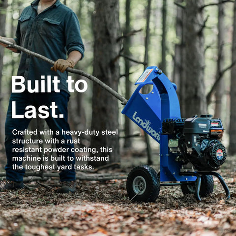 Person using Compact Mini Wood Chipper Shredder Mulcher With 7HP Power For Yard Debris, Heavy Duty Performance in forest setting