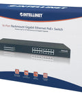 Product box of 16 Port Gigabit PoE Plus Switch With 220W Budget, 30W Per Port, Auto Uplink, Plug And Play Rack Mount Ready
