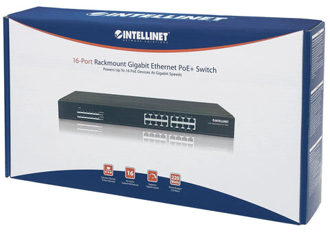 Product box of 16 Port Gigabit PoE Plus Switch With 220W Budget, 30W Per Port, Auto Uplink, Plug And Play Rack Mount Ready