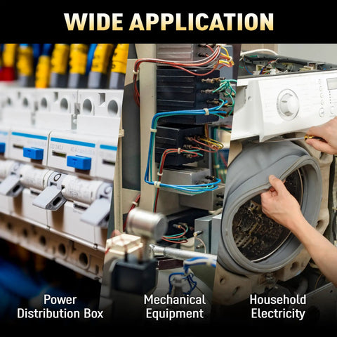 Collage showing wire ferrules used in power distribution, mechanical equipment, and household electricity applications.