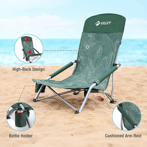 Low Beach Chair With High Back Foldable And Lightweight For Outdoor Use Great For Beach Camping Lawn And Festivals