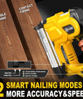 Heavy Duty 18 Gauge Cordless Brad Nailer And Electric Stapler Two In One showcasing single and contact firing modes on wooden boards.