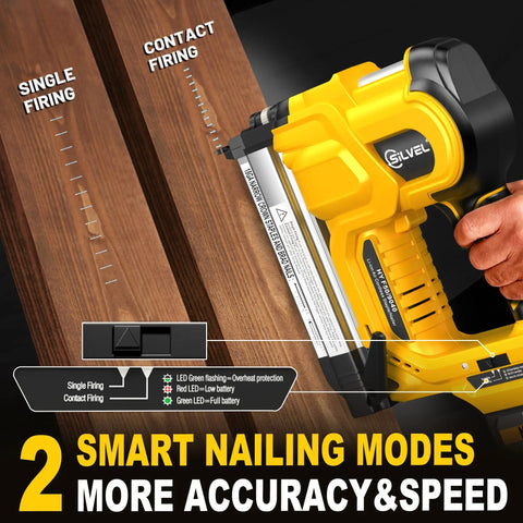 Heavy Duty 18 Gauge Cordless Brad Nailer And Electric Stapler Two In One showcasing single and contact firing modes on wooden boards.