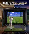 Golfer practicing with Inflatable Golf Simulator Enclosure 12 X 9 Ft for Indoor Outdoor Use, Portable Hitting Cage with Impact Screen