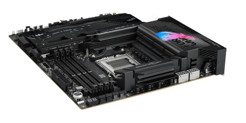 ROG Strix X870E E Gaming WiFi AMD AM5 X870 ATX Motherboard With 18 Plus 2 Plus 2 Power Stages, angled view showing socket and slots