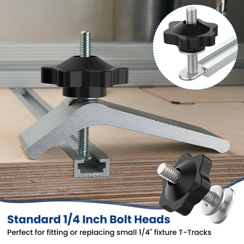 Front view of ZIUZI 10-set 1/4-20 T-track knob kit with star knobs, bolts and washers on a wood jig
