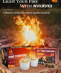 Easy Burn Fire Starter Squares For Wood Stoves No Mess Campfires Grills And Fireplaces Natural Waterproof BBQ Fire Starters 64 Mini Squares Quick Lighting For Backyard Campouts And Cozy Evenings boxes and fire in background.