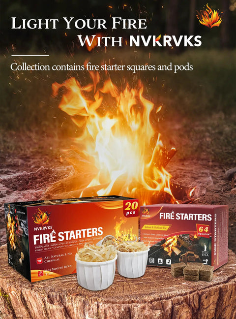 Easy Burn Fire Starter Squares For Wood Stoves No Mess Campfires Grills And Fireplaces Natural Waterproof BBQ Fire Starters 64 Mini Squares Quick Lighting For Backyard Campouts And Cozy Evenings boxes and fire in background.