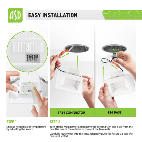 Installation guide for 4 Inch Square Recessed LED Can Lights. Shows TP24 connector and E26 base for 10W replacement.