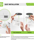Diagram showing easy installation of 4 Inch Square Recessed LED Can Lights Kit, 10W To 40W Replacement, 722 Lm Wet Rated Ceiling Lights.