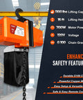 Heavy Duty 1100 Lbs Electric Chain Hoist With 120V Winch And 5ft Wired Remote Lift To 10 Feet For Garage Overhead Crane Pulley Mount With Emergency Stop Switch, shown hanging in a workshop with safety features highlighted.