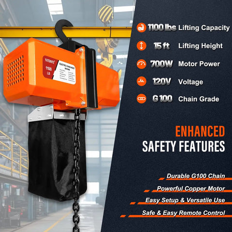 Heavy Duty 1100 Lbs Electric Chain Hoist With 120V Winch And 5ft Wired Remote Lift To 10 Feet For Garage Overhead Crane Pulley Mount With Emergency Stop Switch, shown hanging in a workshop with safety features highlighted.