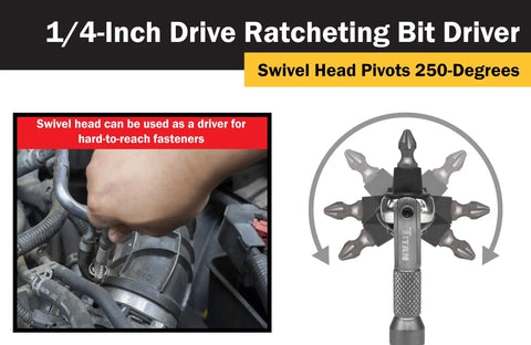 Compact 1/4-Inch Drive 4-Inch Swivel Head Micro Ratcheting Bit Driver With 90-Tooth Reversible Mechanism For Tight Spots in use