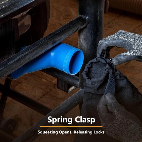 Image of a hand attaching the Universal Table Saw Dust Collection Bag Fits Two And Half Inch Dust Ports to a blue hose.