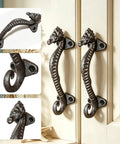 Two Pack Seahorse Cast Iron Door Handles Set, Heavy Duty Rustic Barn Cabinet Pulls For Farmhouse Drawers, Garage, Gate, Shed And Sliding Doors, Vintage Decorative Hardware displayed on door