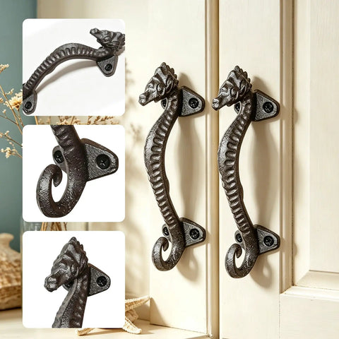 Two Pack Seahorse Cast Iron Door Handles Set, Heavy Duty Rustic Barn Cabinet Pulls For Farmhouse Drawers, Garage, Gate, Shed And Sliding Doors, Vintage Decorative Hardware displayed on door