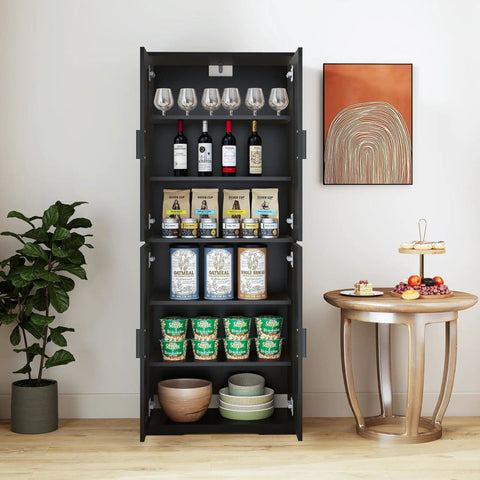 Boss Black Wood Storage Cabinet With Four Doors And Adjustable Shelves For Kitchen Pantry Organization