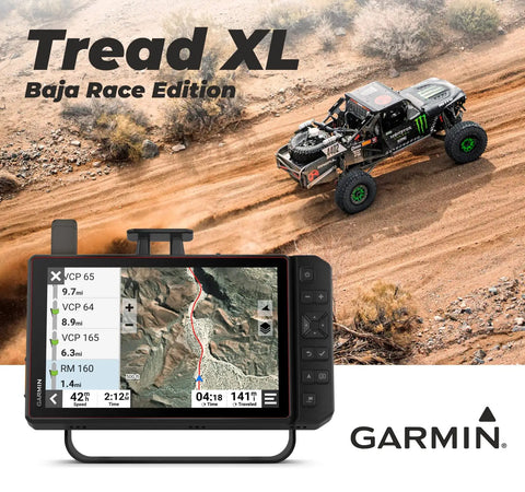 Garmin Tread XL Baja Race Edition Off Road Navigator Pack with ultrabright 10 inch screen shown on dirt trail with race vehicle