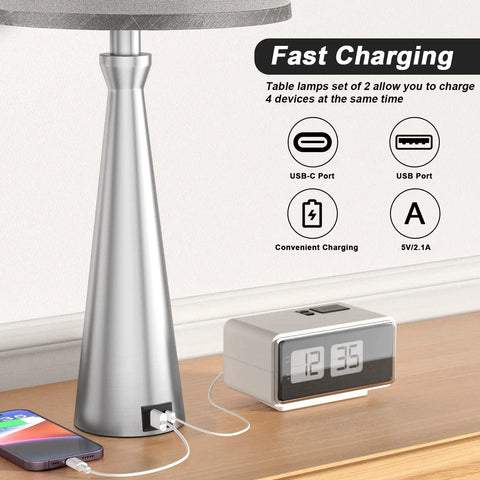 Set of 2 Dimmable Touch Nightstand Lamps With USB C And USB A Charging Ports Gray Lampshade With Nickel Stand 22.4 Inch