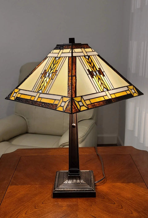 Mission Banker Style Stained Glass Table Lamp 23 Inch Tall With White Tan Brown Yellow Antique Vintage Tribal Glass