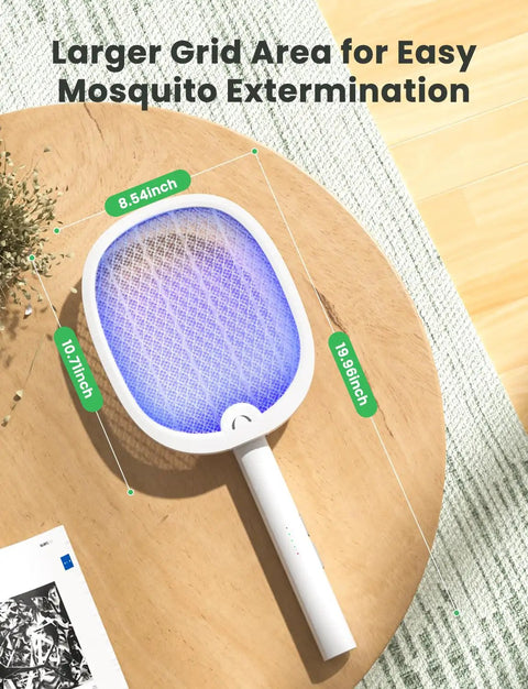 Portable 2 In 1 Electric Fly Swatter Bug Zapper Racket With Purple Light Attractant Rechargeable 1800mAh on table