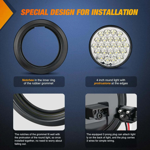 Installation design for Badass 4 Inch Round LED Trailer Tail Lights Set of 4 with grommet and light details