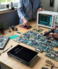 Electronics lab with Massive SMD Resistor Assortment Kit With 288 Sets In One Handy Sample Book, testing circuit boards.