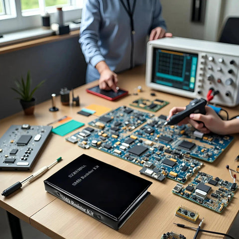 Electronics lab with Massive SMD Resistor Assortment Kit With 288 Sets In One Handy Sample Book, testing circuit boards.