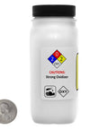 DIY PCB Etchant Dry Powder 8 Oz In Space Saver Bottle next to coin for scale, showing warning labels for hobby and workshop use.