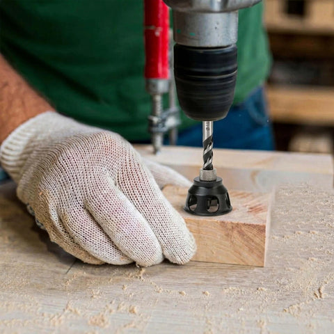 Using No-Nonsense 19mm Dog Hole Chamfer Reamer Bit For Three-Quarters Inch Holes, drilling into wood with electric drill