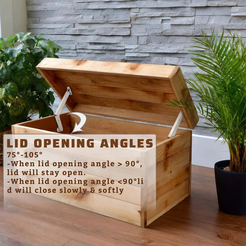 Wooden chest with open lid supported by 2 Pack 150N Gas Struts Hinges For Heavy Lids Stainless Steel Hydraulic Support