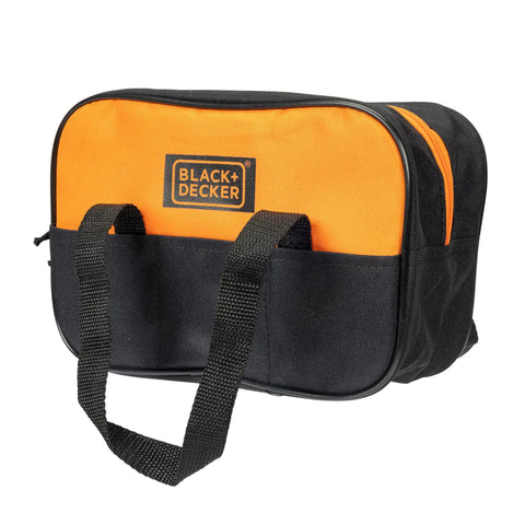 Black and orange tool bag from 13-Piece Junior Tools Set In Sturdy Tool Bag With 13 Pieces For Kids Realistic Builder Kit Hammer Hand Saw Screwdriver And More For Little Builders Great For Pretend Play And Early STEM Learning.