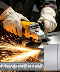 Worker using grinder on metal with sparks, next to Five Pack 20 Gauge Cold Rolled Sheet Metal Plates In 12 By 6 By 0.045 Inch Size for projects