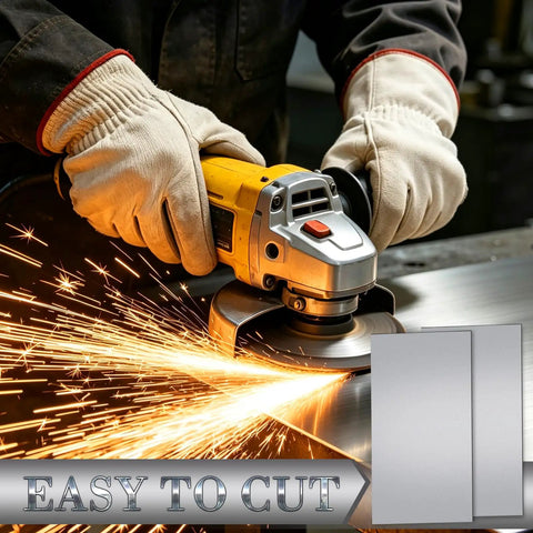 Worker using grinder on metal with sparks, next to Five Pack 20 Gauge Cold Rolled Sheet Metal Plates In 12 By 6 By 0.045 Inch Size for projects