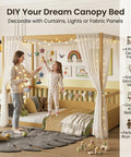 Twin Size Canopy Bed Frame With Four Posters And High Guardrails For Kids Montessori Floor Bed Natural Wood Kid Friendly Cozy Canopy For Boys And Girls Safe Sleep Space With Curtains Lights And Fabric Panels, shown in a children's bedroom