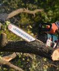 Person cutting a tree branch with a chainsaw, showing Three Eighths Inch Low Profile Fourteen Inch Chainsaw Chain In A Three Pack.