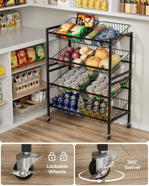 25.2 Inch Wide Kitchen Storage Cart With Four Tier Basket System Rolling Metal Pantry Organizer Removable Baskets For Onion And Potato Storage Fruits And Veggies Black in a pantry
