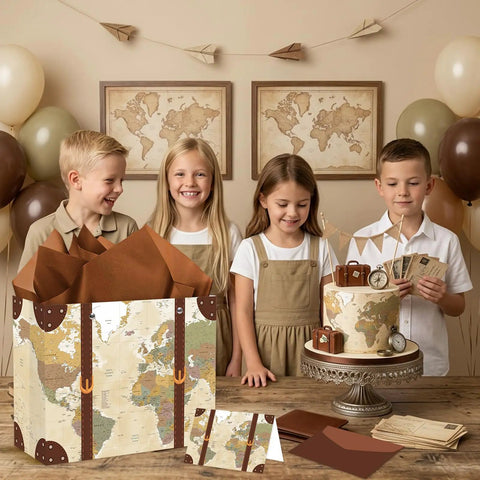 13 Inch Large Vintage Map Suitcase Gift Bag Set With Brown Tissue Paper Envelope And World Map Card For Retirement Travel Farewell Gifts that looks dope wrapped in cool style