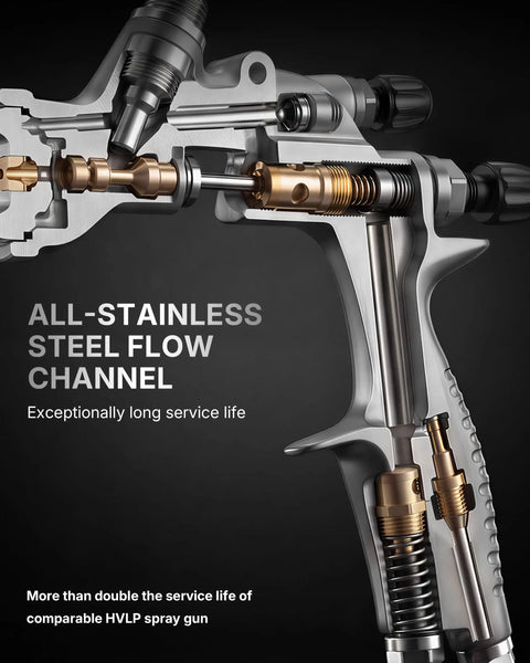 Professional Grade HVLP Spray Gun Kit Featuring Built Tough Stainless Steel Flow Channel and Precision Nozzles for Crisp Atomization, detailed inside view.