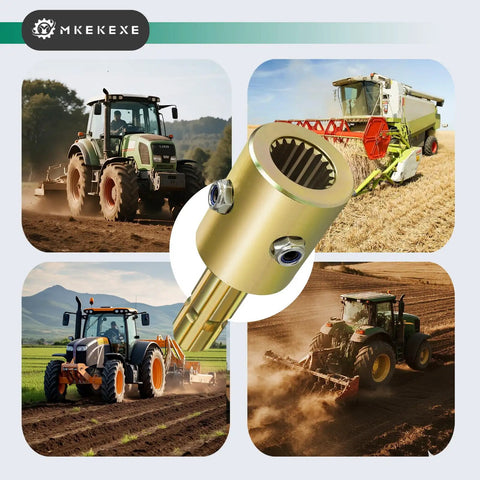 Heavy Duty Pto Extender Adapter For Tractor Shaft Extension Universal 1-3/4 To 1-3/8 Spline in use with tractors in fields.
