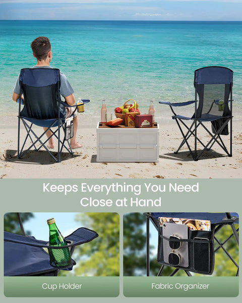 Man sitting on beach in 2 Pack Breathable Camping Chairs With High Back, Foldable Outdoor Seats, 330 Lb Capacity, cup holder visible