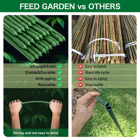 Comparison of Heavy Duty 24 Inch Garden Stakes 25 Pack Plastic Coated Metal Plant Supports and bamboo stakes with features list.