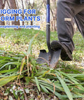 Person using Heavy Duty Shovel With Fiberglass Handle 57 Inch Spade for Gardening, Carbon Steel Head on green plants.