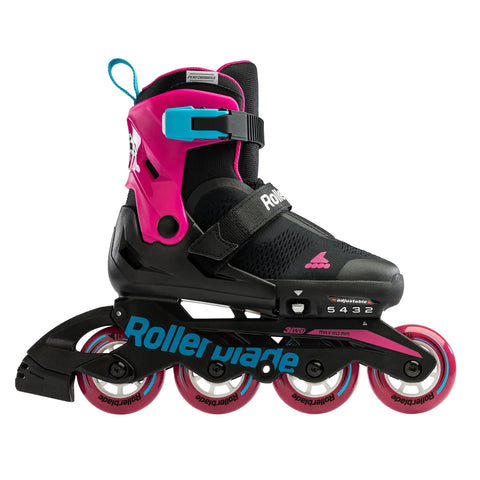 Kid's Adjustable Inline Skates With Lace-Free Closure, Black And Pink, Microblade 3WD Shell, Profile View