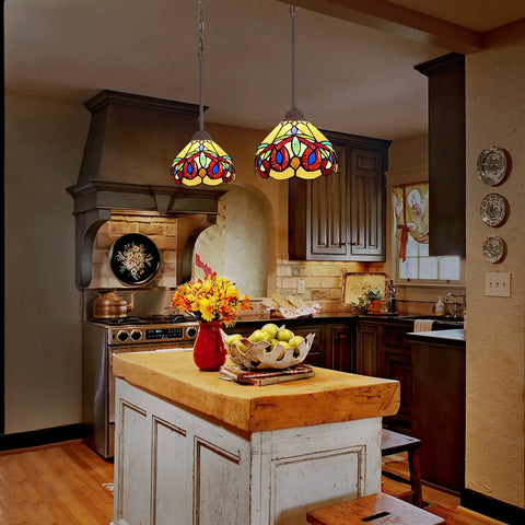 Victorian Style Stained Glass Pendant Light 8 Inch Cream Brown Hanging Lamp For Kitchen Island Dining Room Bar Hallway And Home Office With Adjustable Chain And Classic Vibe Craft in a rustic kitchen