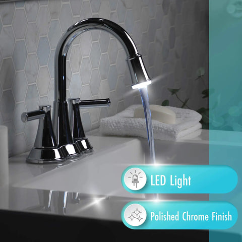 Lit Water Powered LED Light Bathroom Faucet With High Arc And Two Handles Polished Chrome Finish Modern Sink Tap