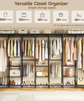 Extra Large Industrial Pipe Clothing Rack With Shelves And Hanging Rods organized with clothes, bags, and shoes, 122 inch wide.